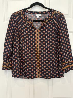 J. Jill Embroidered Boho Peasant Blouse Navy Blue Geometric Print 3/4 Sleeve PSM